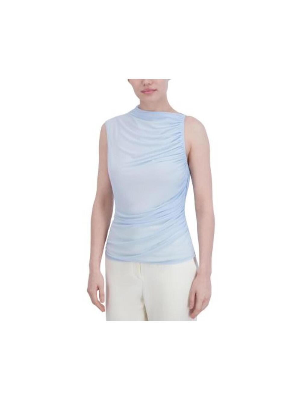BCBGMAXAZRIA Ruched Draped Top Womens S Blue Sleeveless Stretch Blouse